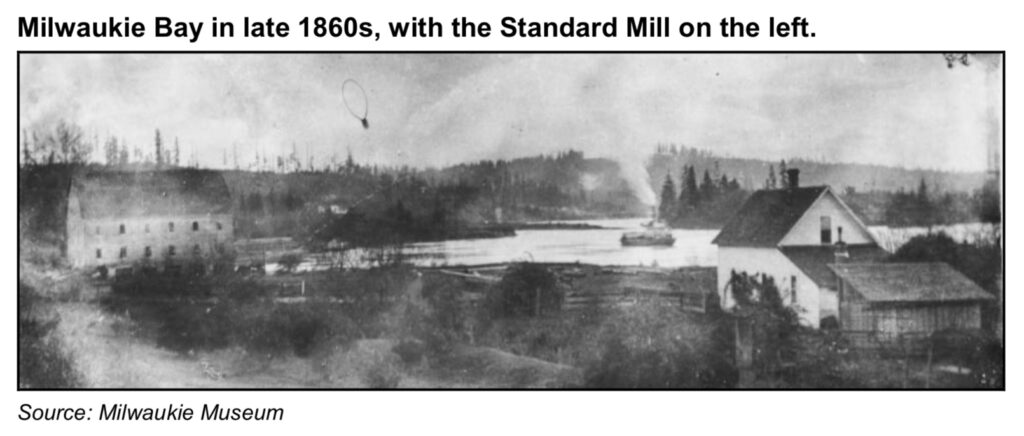 Milwaukie Bay in the late 1860s, showing Standard Mill on the left.